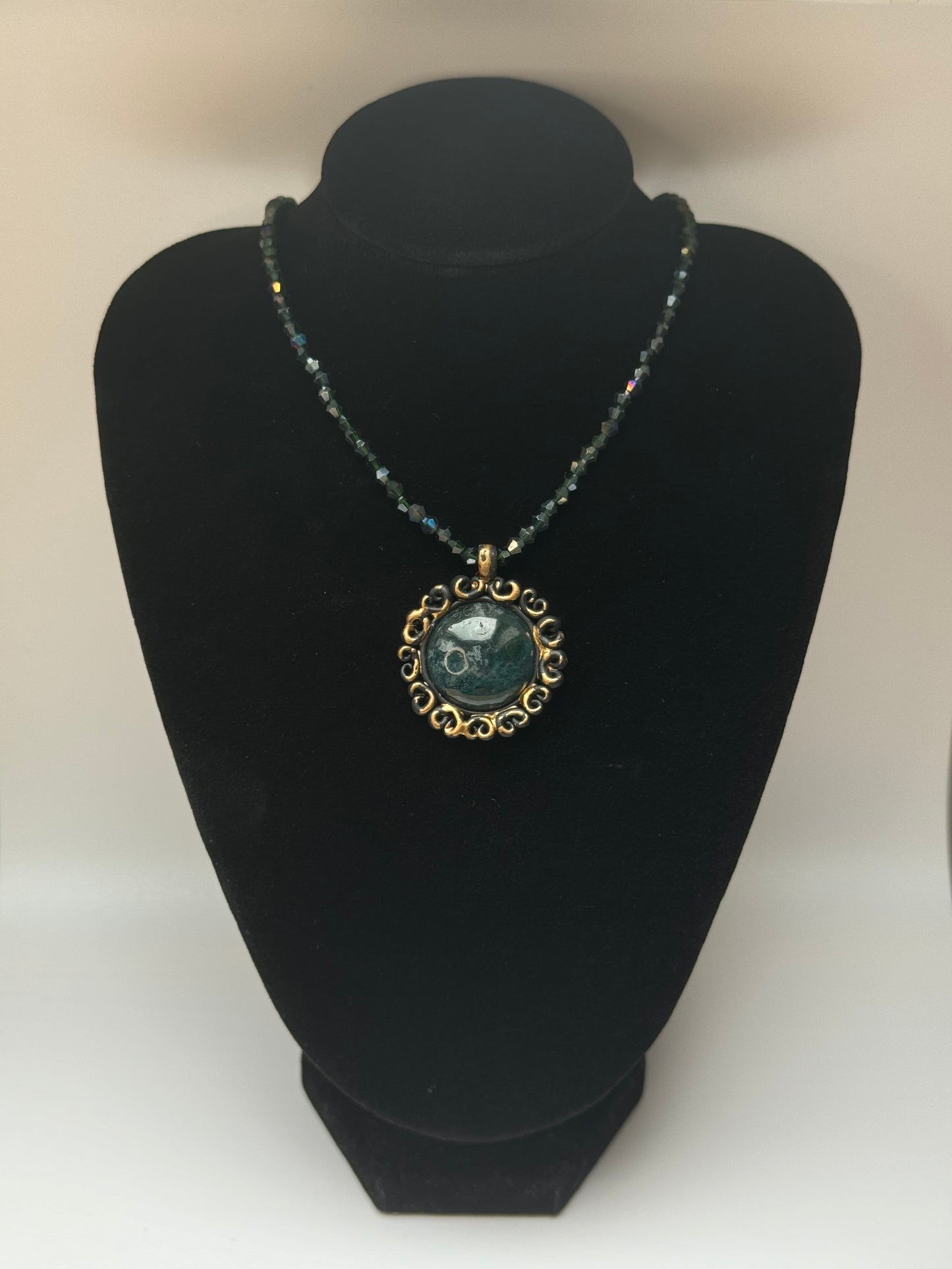 Moss Agate Necklace with Glass Crystal Beads