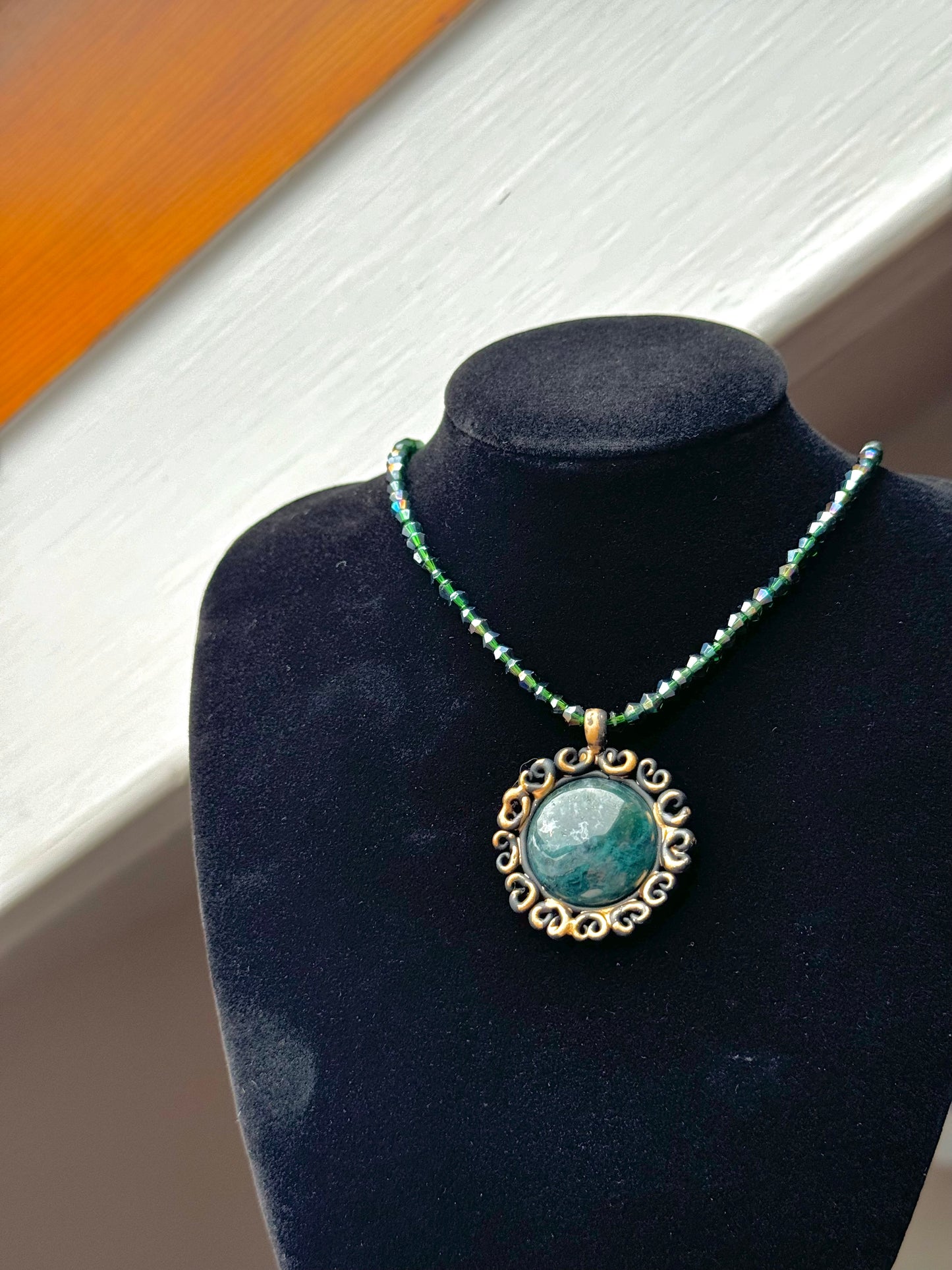 Moss Agate Necklace with Glass Crystal Beads