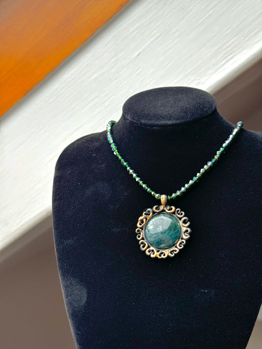 Moss Agate Necklace with Glass Crystal Beads